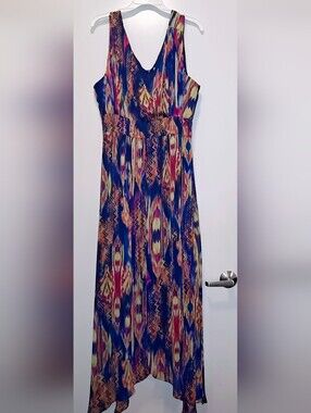K Jordan Blue Pink Yellow Ikat Print Maxi Dress